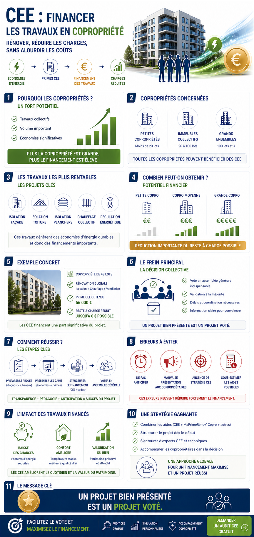 Infographie — CEE pour les copropriétés : travaux, financement, vote AG et simulation