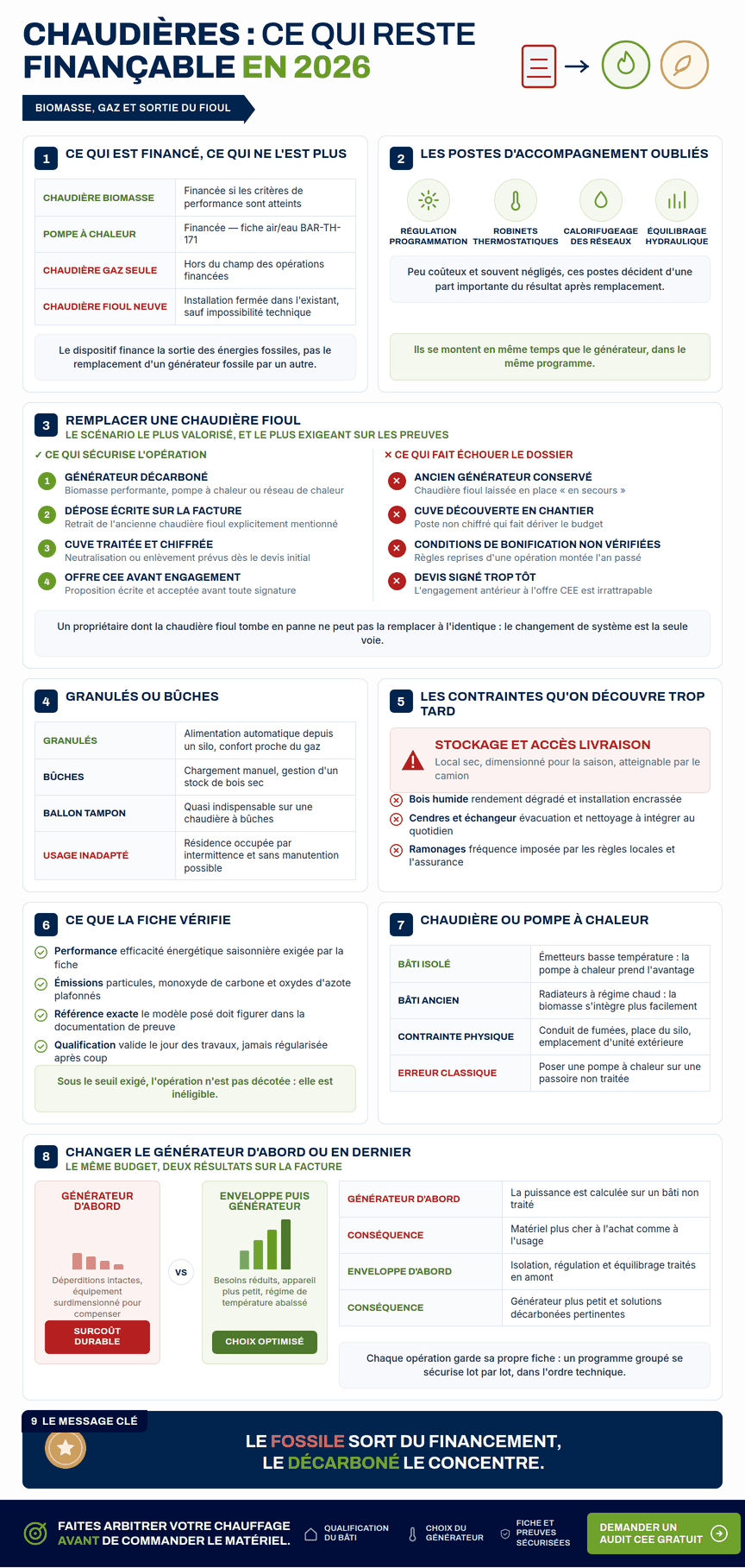 Infographie — Chaudière CEE 2026 : ce qui reste finançable, le remplacement du fioul, les contraintes de la biomasse et l'arbitrage avec la pompe à chaleur