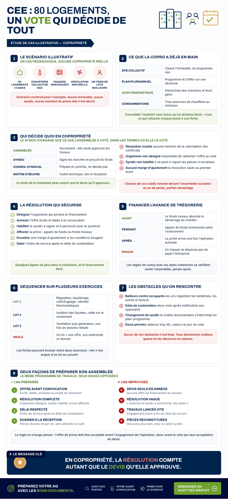 Infographie — CEE copropriété étude de cas : parcours de décision d'une rénovation de 80 logements, du diagnostic au vote en assemblée générale et au versement de la prime