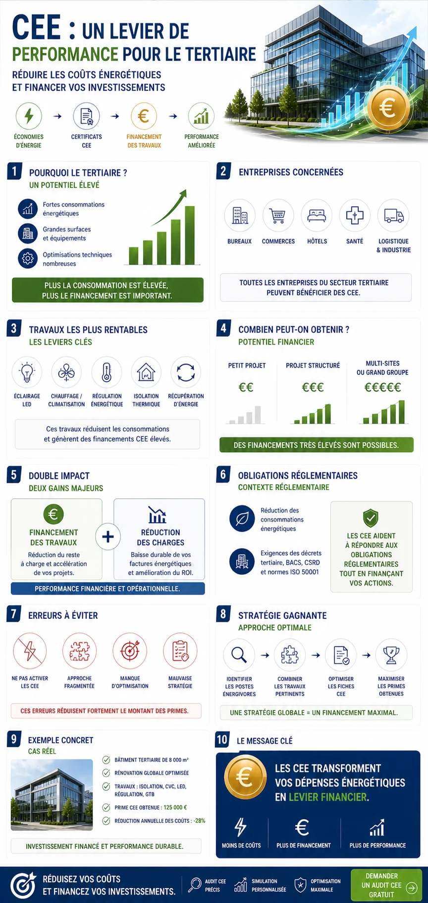 Infographie — CEE pour les entreprises tertiaires : travaux éligibles, fiches, simulation et stratégie