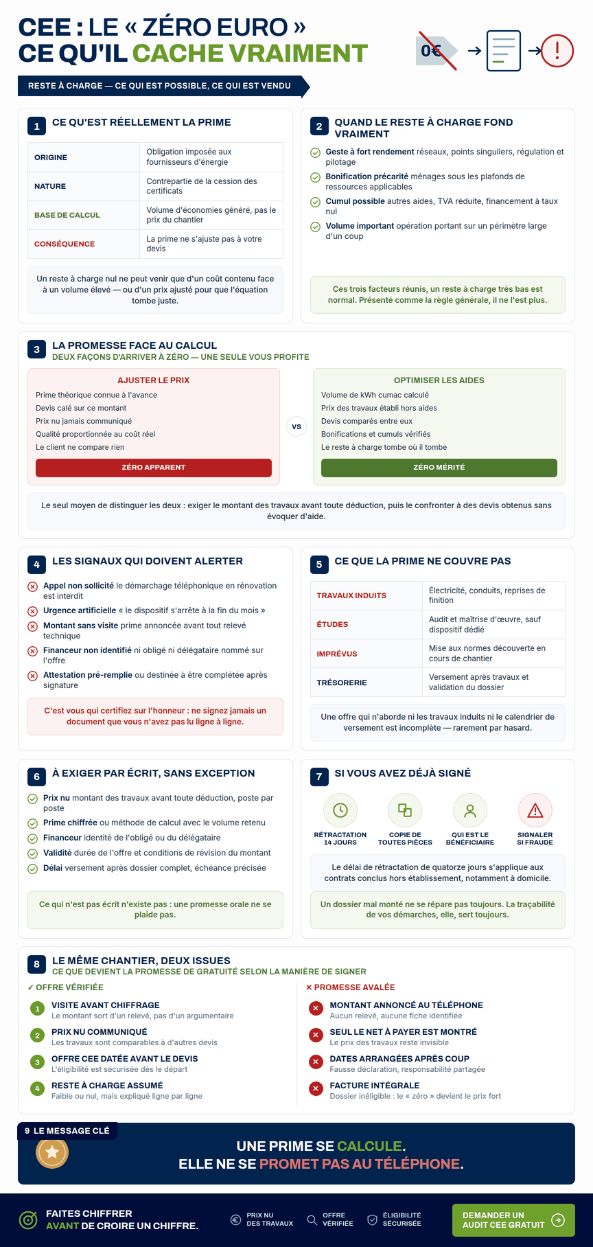 Infographie — Reste à charge zéro CEE : cas où un reste à charge très faible est atteignable, promesses commerciales abusives, signaux de démarchage douteux et garanties à exiger par écrit